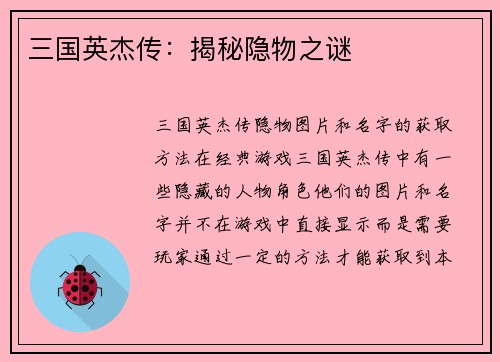 三国英杰传：揭秘隐物之谜