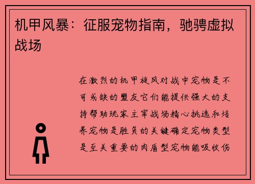 机甲风暴：征服宠物指南，驰骋虚拟战场